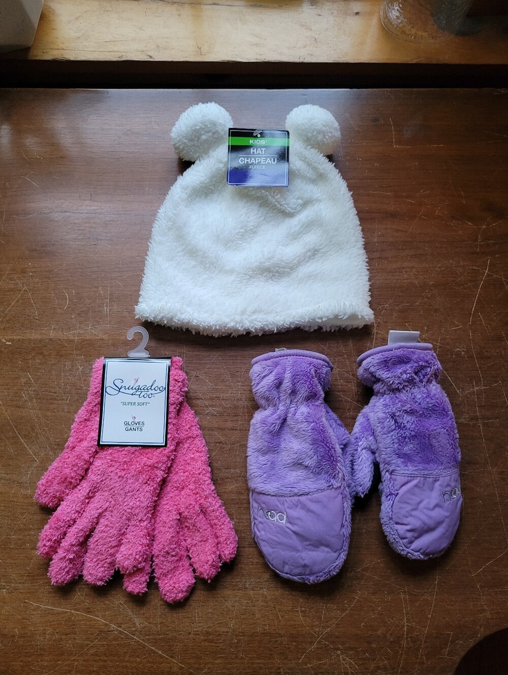 New White Beanie W/2 Pom Poms, Pink Gloves, Purple Mittens